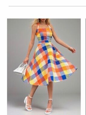 SHEIN Multicolor Plaid Halter Fit & Flare Dress
